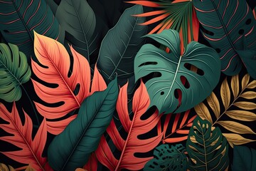 Plant leaves background, floral tropical pattern for wallpaper (AI generated)