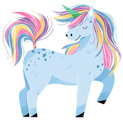 Obraz premium illustration plate d'une licorne bleue avec une crinière multicolore arc-en-ciel et une étoile sur le dos