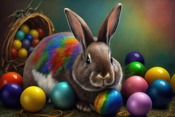 rabbit sits next to easter colorful eggs ai generative