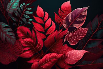 Red plant leaves background, floral tropical pattern for wallpaper (AI generated)