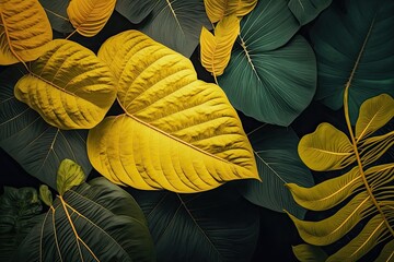 Yellow plant leaves background, floral tropical pattern for wallpaper (AI generated)