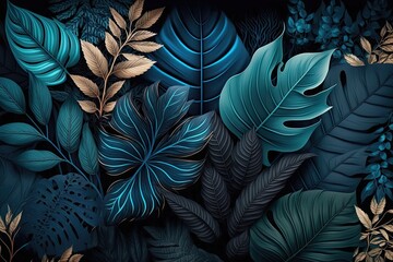 Blue plant leaves background, floral tropical pattern for wallpaper (AI generated)