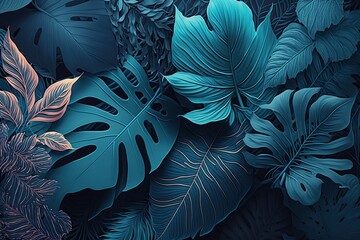 Blue plant leaves background, floral tropical pattern for wallpaper (AI generated)