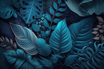 Blue plant leaves background, floral tropical pattern for wallpaper (AI generated)