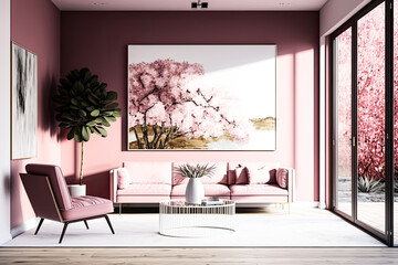 A cozy luxury living room in a pink color scheme, beautiful architecture with modern furniture, paintings on the wall, fresh flowers, and huge windows with a view in the garden (generative ai) 