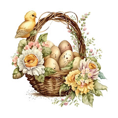 Happy easter Vector cute classic illustrations of easter eggs in a basket of flowers, chick, greeting card, poster
