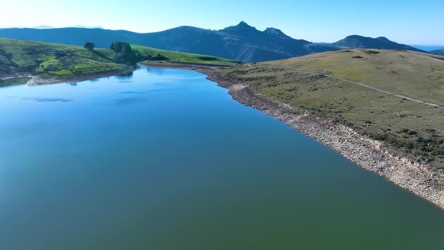 Aerial view from a drone of the landscape around the Juncal channel under Arma&ntilde;&oacute;n and Los Jorrios near the Juncal reservoir and the Las Nieves hermitage. Angostina. Cantabria. Spain. Europe