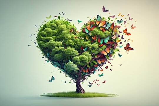 Flowers trees and plants in heart shape, green energy, concept (AI generated)