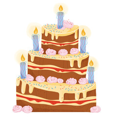 illustration d'un gâteau d'anniversaire à la confiture rouge de fraise avec 5 bougie et des meringues décoratives