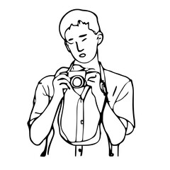 A photographer with his camera taking pictures in line drawing style. Vector illustration. Abstract. Minimalism.