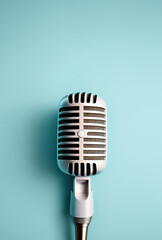 Retro style microphone on light blue background. Generative AI.