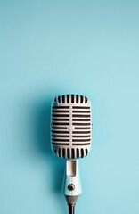 Fototapeta na wymiar Retro style microphone on light blue background. Generative AI.