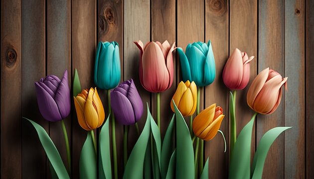 A beautiful, colorful tulip composition in front of the wood background, gives a real spring mood