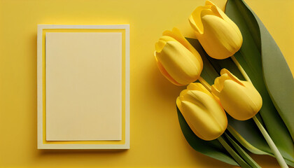 8 March card design with tulips and space for text on yellow background, flat lay. International Women's Day