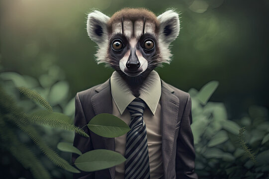 portrait of a limur in a suit and tie against the backdrop of a forest ai generative