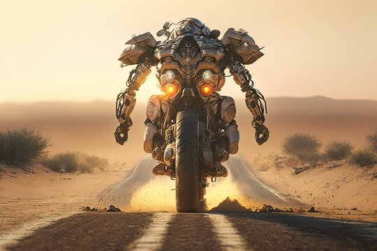 Motorcycle Automation: A robot that transforms into a motorcycle and runs along the road. Generative AI
