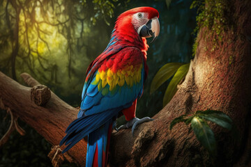 Obraz premium The Scarlet Macaw is a vibrant and colorful bird native to the tropical rainforests of Central and South America. With its brilliant red, blue, and yellow feathers, it is a highly recognizable species