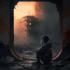 child watching war destruction and ruins through the house window. generative ai - obrazy, fototapety, plakaty