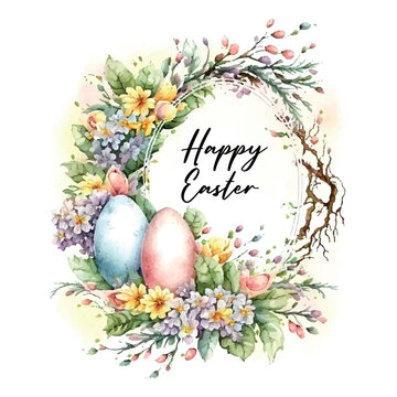 Happy Easter Vector eggs flowers illustration of watercolor cute greeting frame. Pictures and objects for poster, invitation, postcard or background