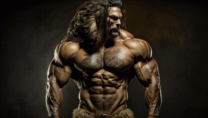 Fototapeta na wymiar Masculine and very muscular man. Testosterone concept. Gym wallpaper. Generative AI.