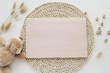 Wooden breakfast board for kids, mockup for engraving design, background for kids menu.