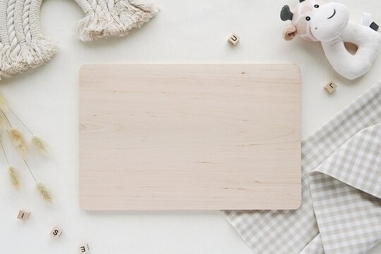 Wooden breakfast board for kids, mockup for engraving design, flat lay composition background for kids menu.