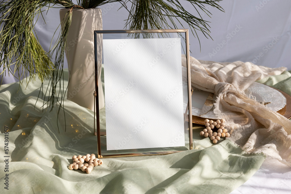 Wall mural 5x7 christmas card mockup in golden frame