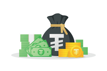 Mongolian money icon. Money bag, banknotes and gold coins with Mongolian Tugrik sign. Mongolia currency symbol. Flat style vector illustration white background.
