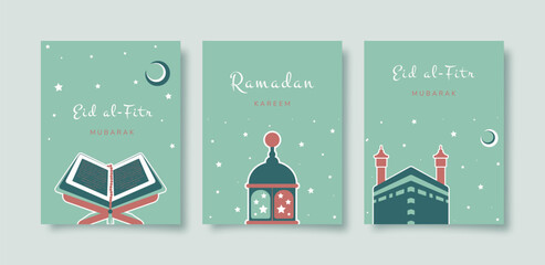 Ramadan Kareem. Set of Islamic greeting card with Quran, Kaaba, lantern. Vector holiday illustration in green colors for greeting card, poster and banner.