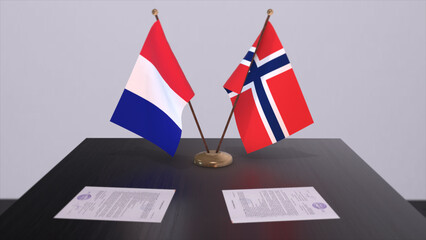 Norway and France national flags on table in diplomatic conference room. Politics deal agreement 3D illustration