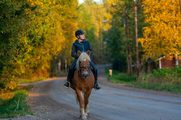 Woman horseback riding in sunset