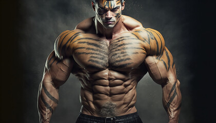 Fototapeta na wymiar Masculine and very muscular man. Testosterone concept. Gym wallpaper. Generative AI.