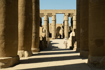 Colonnades to the next courtyard in Luxor Temple Egypt. Papyrus columns in the background catch a glimpse. - obrazy, fototapety, plakaty