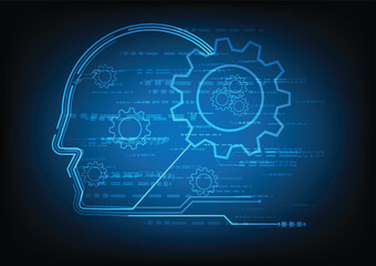 Man Brain Gear Connections, Think, Dream, Mind Improvement, Creativity.Dark blue background.