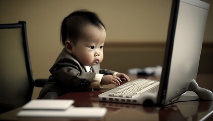 bébé en costume en train de travailler sur son ordinateur installé à son bureau - illustration ia - obrazy, fototapety, plakaty