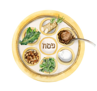 Watercolor gold Passover seder plate with holiday food, horseradish, parsley, egg, lamb leg bone, bitter herbs, charoset