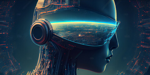 Obraz na płótnie Canvas Profile Human Head Silhouette With Illuminated Digital Brain Over Blue Background. AI Generated Panorama,