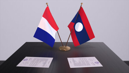Laos and France national flags on table in diplomatic conference room. Politics deal agreement 3D illustration