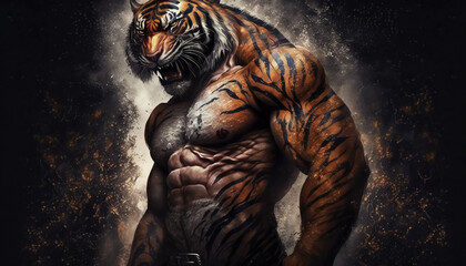 Masculine and very muscular tiger-man. Testosterone concept. Gym wallpaper. Generative AI.