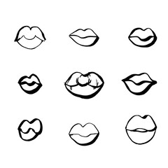 Black lips set hand drawn with ink paint brush, isolated on white background. Vector illustration
