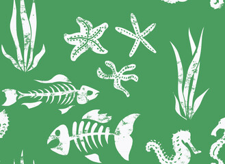 Seam Life Green, Textured Fish Skeletons, Starfish, Kelp, in White against a Blue Background, Repeating Pattern Tile