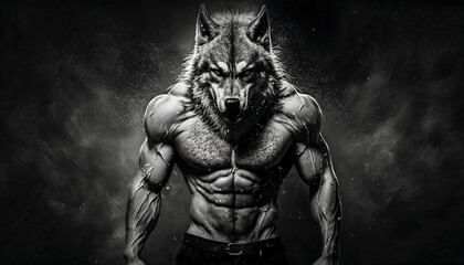 Fototapeta na wymiar Masculine and very muscular wolf-man. Testosterone concept. Gym wallpaper. Generative AI.