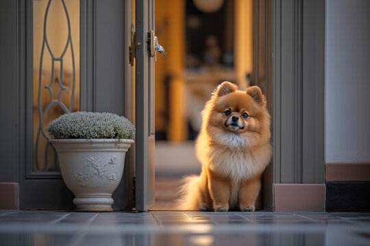 cute pomeranian welcoming owner home at the entrance door, Generative AI