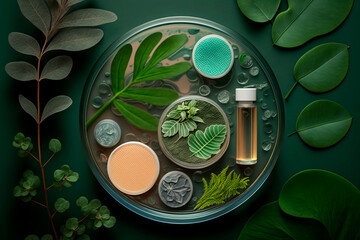 Cosmetic laboratory concept. Glass petri dish with cosmetic products and green plants. Flat lay image. Generative AI