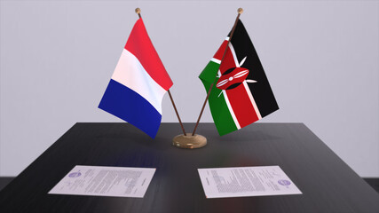 Kenya and France national flags on table in diplomatic conference room. Politics deal agreement 3D illustration