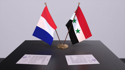Syria and France national flags on table in diplomatic conference room. Politics deal agreement 3D illustration