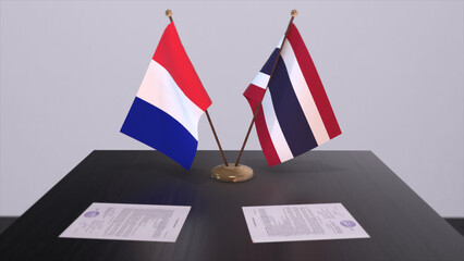 Thailand and France national flags on table in diplomatic conference room. Politics deal agreement 3D illustration