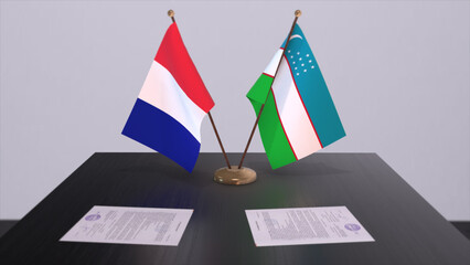 Uzbekistan and France national flags on table in diplomatic conference room. Politics deal agreement 3D illustration