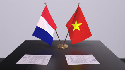 Vietnam and France national flags on table in diplomatic conference room. Politics deal agreement 3D illustration