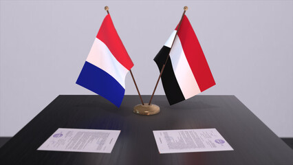 Yemen and France national flags on table in diplomatic conference room. Politics deal agreement 3D illustration